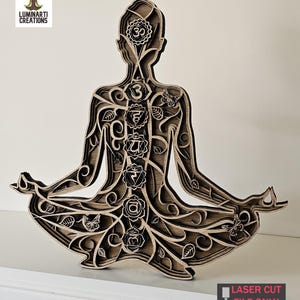 Buddha Yoga Decorazione da parete in legno tagliato al laser Chakra arte Ornamento Lightburn regalo per lei 3D Compensato a strati Carta tagliata File SVG Cricut