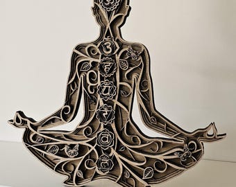 Buddha Yoga Laser cut Wooden wall Decor Chakra art Ornament Lightburn gift for her 3d Layered  plywood card Paper cutting Cricut SVG File