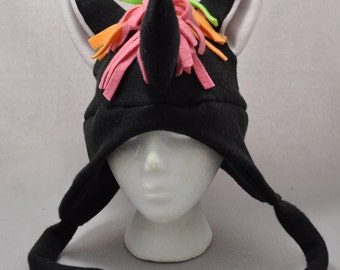 Unicorn Horse Black with Rainbow Mane Ears Animal Fleece Hat Skiing Snowboarding Gothic Rave Punk Earflap