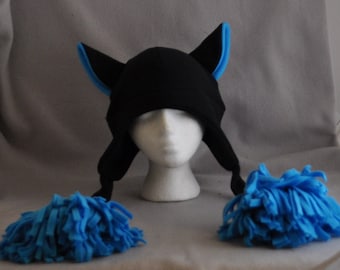 Black Cat Turquoise Ears Large Fleece Raver PomPoms Animal Fleece Hat Anime Lolita Cosplay Skiing Snowboarding Gothic Punk AVIATOR