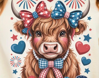 Patriotic Highland Cow PNG: 4th of July Clipart (Digital Download, PDF File