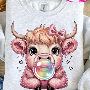Pink Highland Cow Bubblegum PNG, Cute Coquette Cow Sublimation Design, Holographic Png, Trending Pastel Bow Highland Cow PNG for T-Shirts