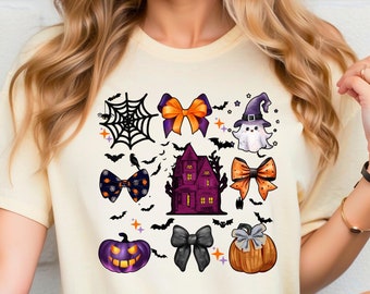 Halloween Bow Coquette PNG, abóbora com laços, design fofo de Halloween, Preppy sublimação Spooky Png aranhas fantasma caçado casa, Camisa PNG
