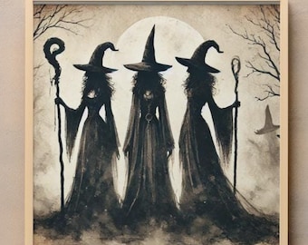 Hekserij Halloween-muurkunst: vintage aquarel (digitale download)
