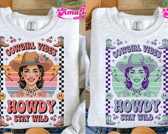 Retro Cowgirl PNG: Howdy Stay Wild Western Shirt Design (Digital Download