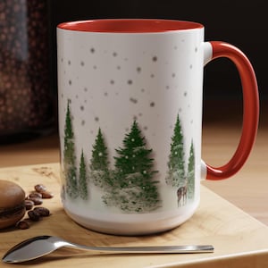 Christmas Winter Snowy Pine Tree Deer Mug, Deer Coffee Cup, Winter Themed Forest Coffee Mug, Cozy Christmas Gift for Winter Lovers