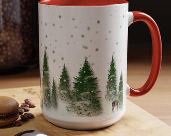 Tasse de Noël hiver pin enneigé cerf, tasse à café cerf, tasse à café forêt sur le thème de l'hiver, cadeau de Noël douillet pour les amoureux de l'hiver
