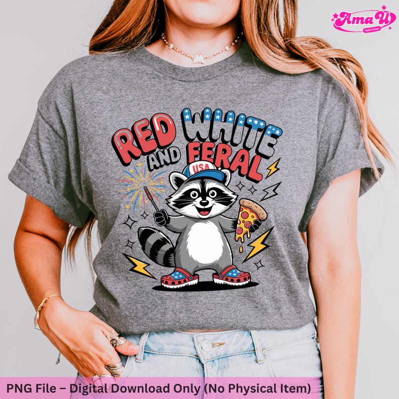 Rot, Weiß und Wildes PNG l Lustiger Waschbär USA 4. Juli Shirt Design l Patriotische Pizza & Sparkler Clipart l Amerika Sublimationsgrafik Bild 5