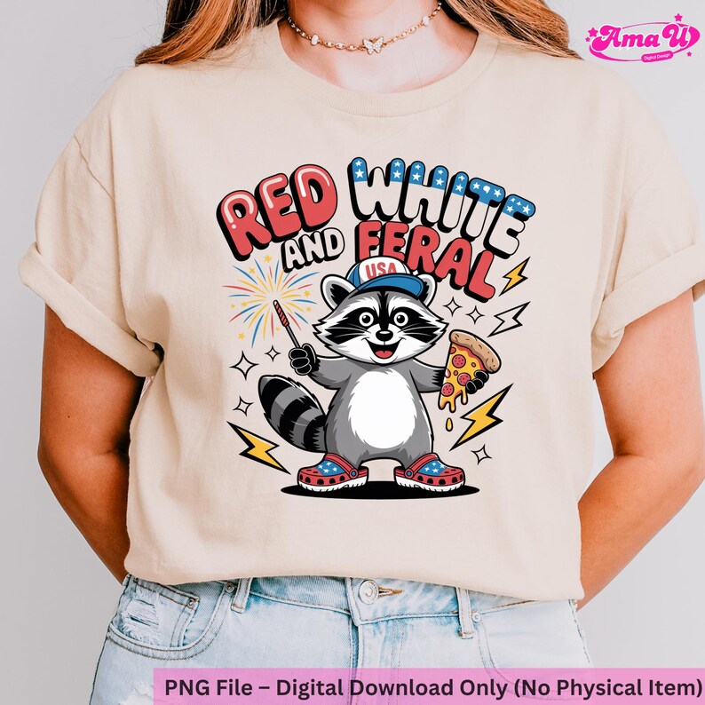 Rot, Weiß und Wildes PNG l Lustiger Waschbär USA 4. Juli Shirt Design l Patriotische Pizza & Sparkler Clipart l Amerika Sublimationsgrafik Bild 4