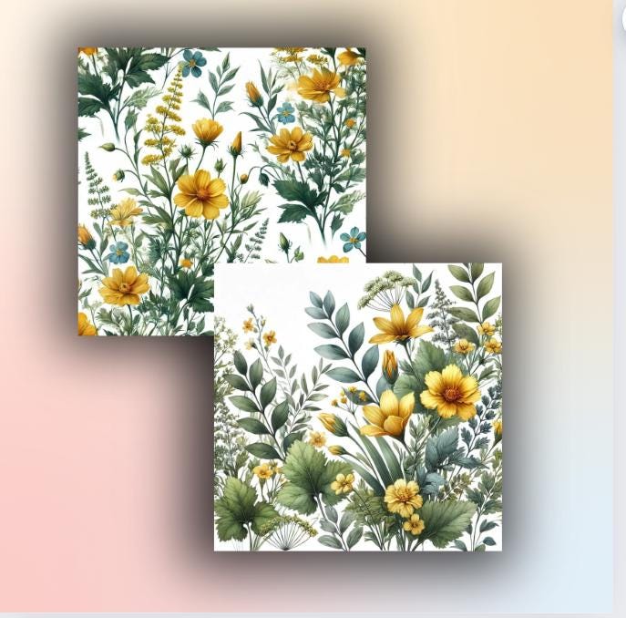 Watercolor Floral Digital Paper Pack With Yellow Flowers and Green ...