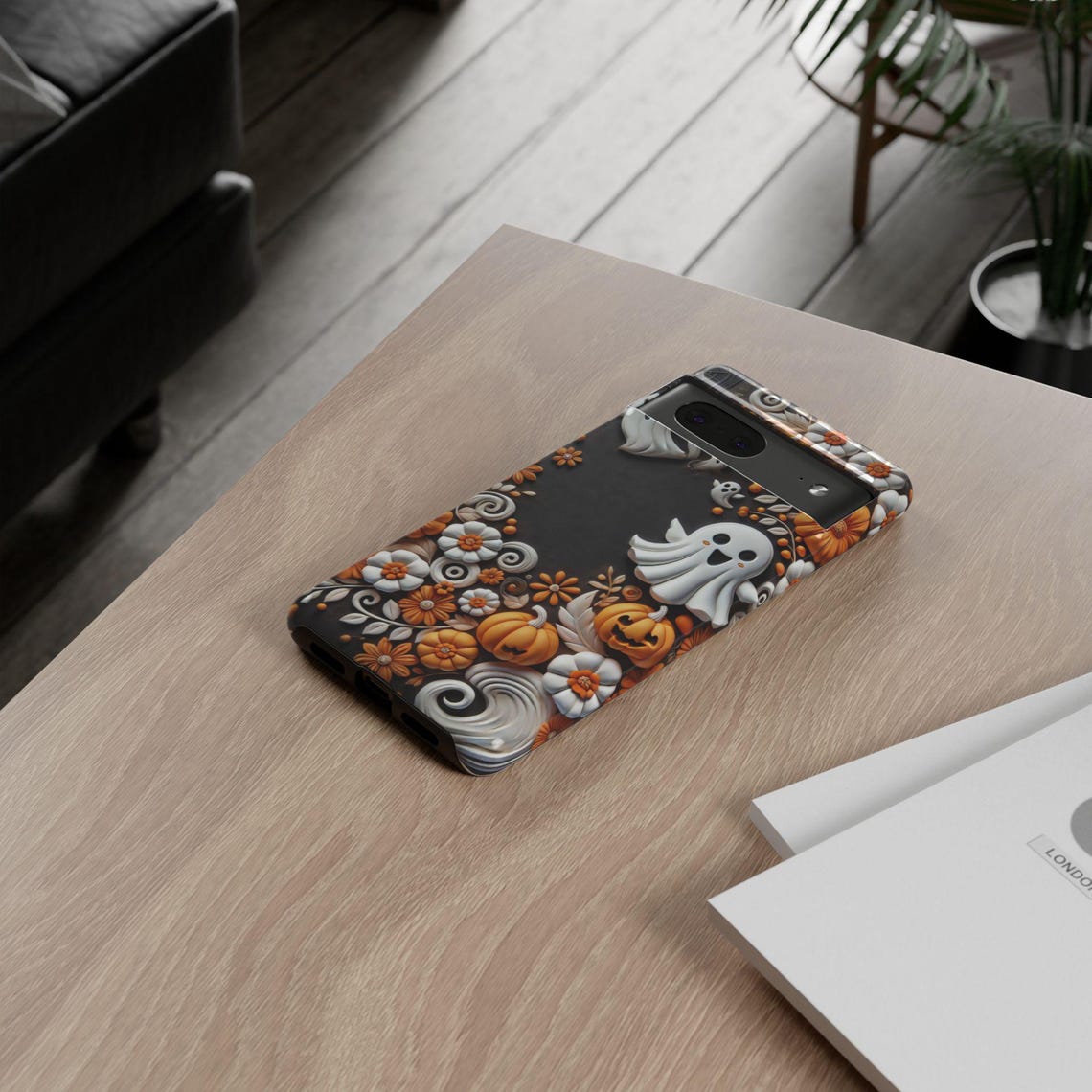 Halloween Phone Case With Cute Ghosts Pumpkins, Orange & White Flowers