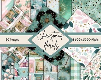 Christmas Florals Digital Paper Pack, Mint Pink Gold Holiday Patterns (Digital Download)