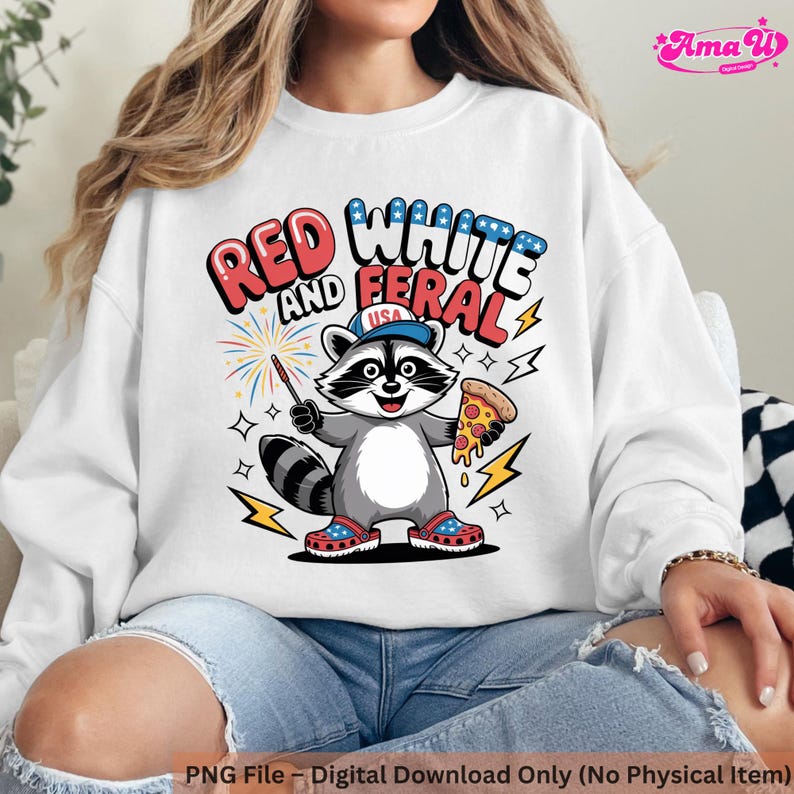 Rot, Weiß und Wildes PNG l Lustiger Waschbär USA 4. Juli Shirt Design l Patriotische Pizza & Sparkler Clipart l Amerika Sublimationsgrafik Bild 3