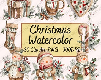 Paquete de imágenes prediseñadas navideñas de acuarela, muñeco de nieve de jengibre, conjunto PNG
