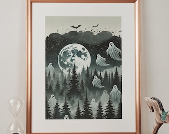 Impresión de fantasmas del bosque oscuro, arte de pared vintage de Halloween, acuarela de estilo cottagecore oscuro, casa de campo rústica, decoración de Dark Academia