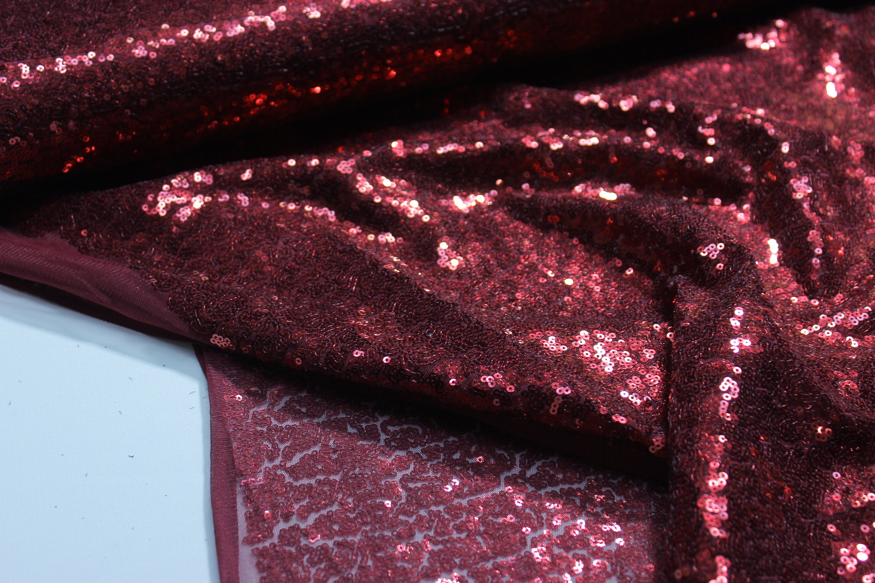 Burgundy Sequin Fabric, Glitz Sequins on Mesh, Party Dress Fabric