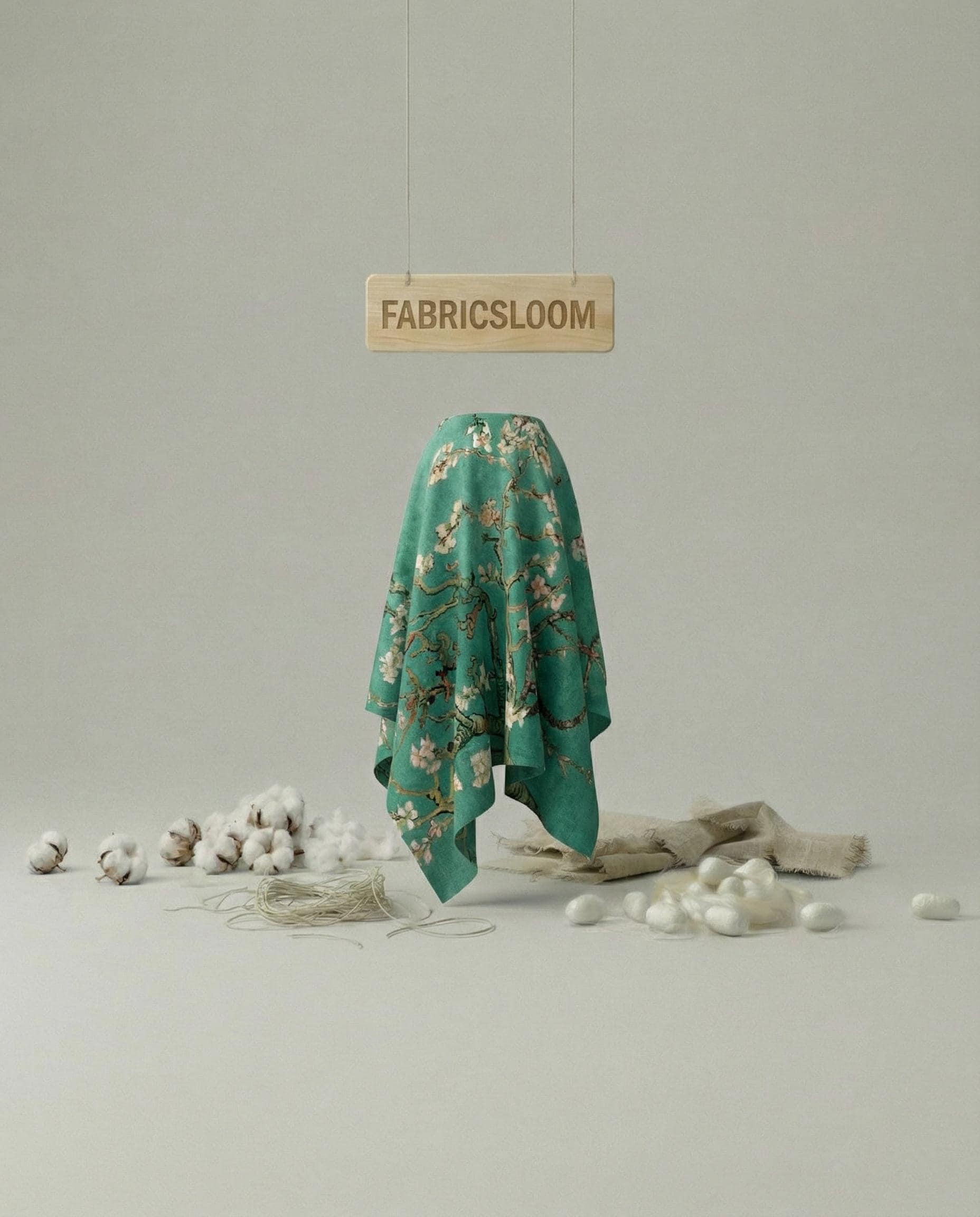Linen fabric, sakura pattern, jade color, 150cm width, high quality