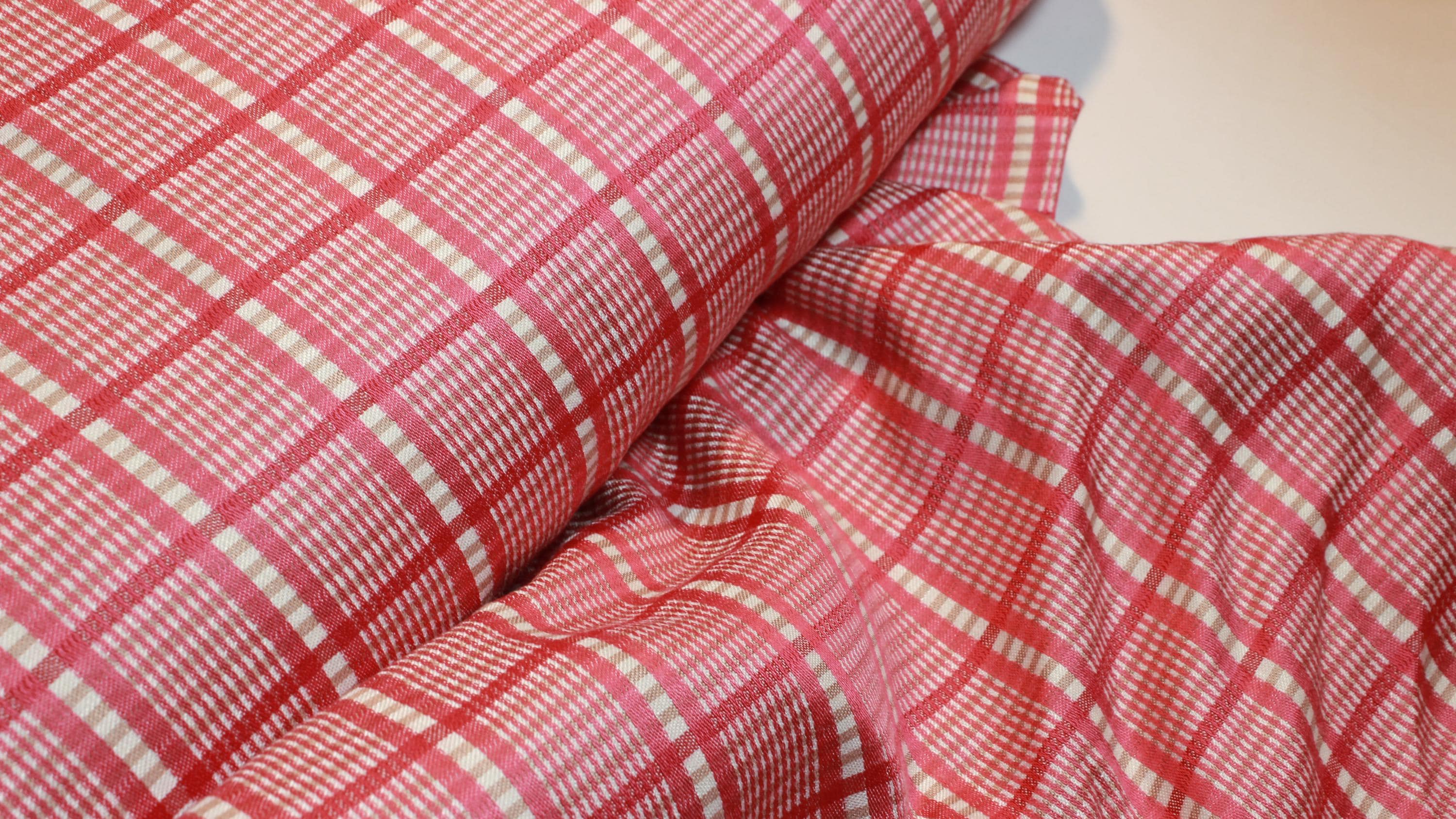 Red Plaid Viscose Satin Jacquard Fabric, 59" Wide, Brocade by the Yard