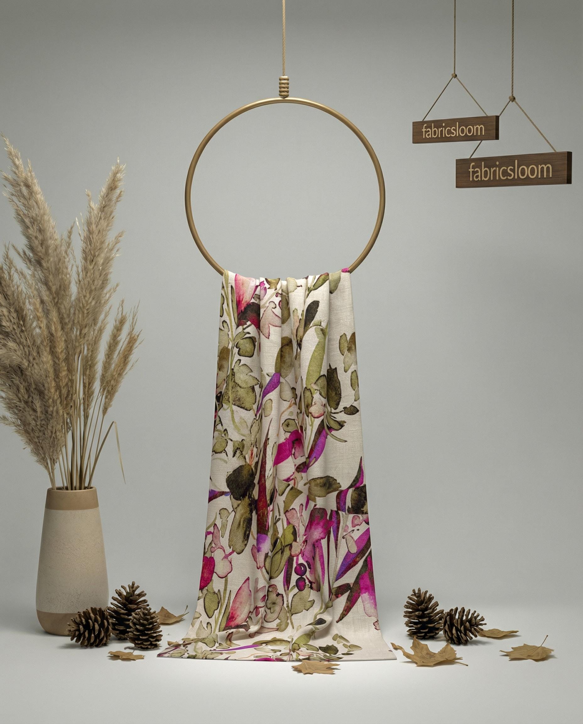 Linen fabric, pink floral hem pattern, pink and green flower design, 150 cm width, high quality