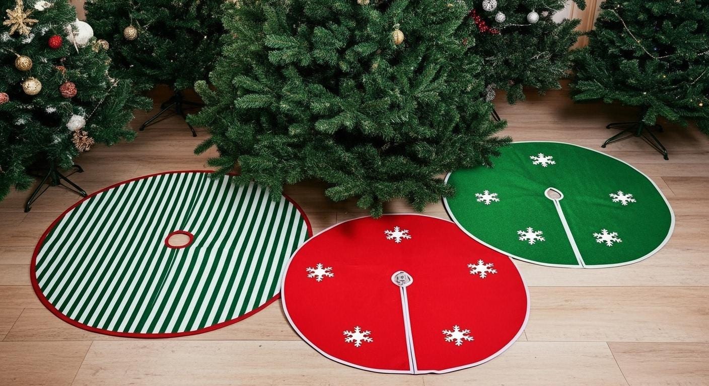 Christmas Tree Skirt, Plush, Velvet & Striped Styles, Red White Green, Small Large Size, Rustic Farmhouse Holiday Decor, Xmas Tree Mat