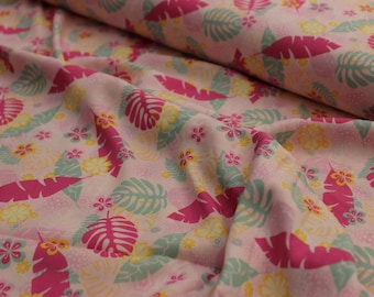 Pink Monstera Viscose Fabric, Tropical Jungle Print, Italian Summer Dress Fabric
