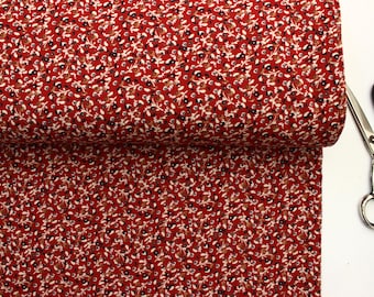 Roter Viskose Stoff mit Blümchenmuster, Cottagecore Kleiderstoff, 150 cm breit