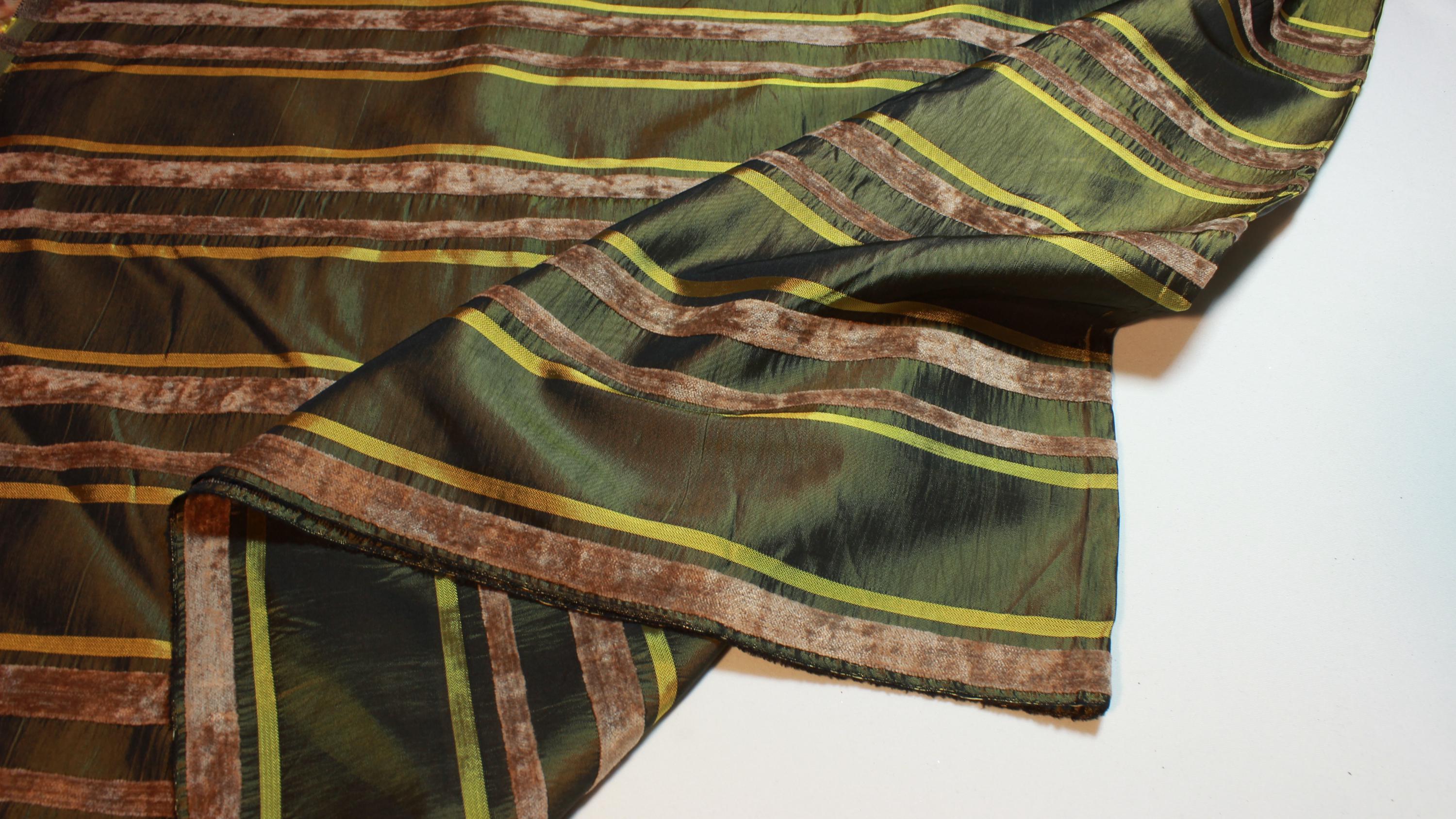 Vintage 90s Olive Green Striped Velvet Taffeta Fabric