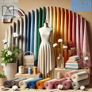 May include: A display of colourful fabric rolls in various shades of blue, green, yellow, orange, and pink. The fabric is arranged in a rainbow pattern and is labelled "Solid Viscose Collection".
