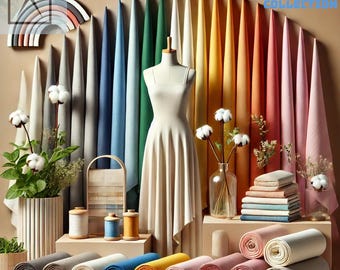May include: A display of colorful fabric rolls in various shades of blue, green, yellow, orange, and pink. The fabric is arranged in a rainbow pattern and is labeled "Solid Viscose Collection".
