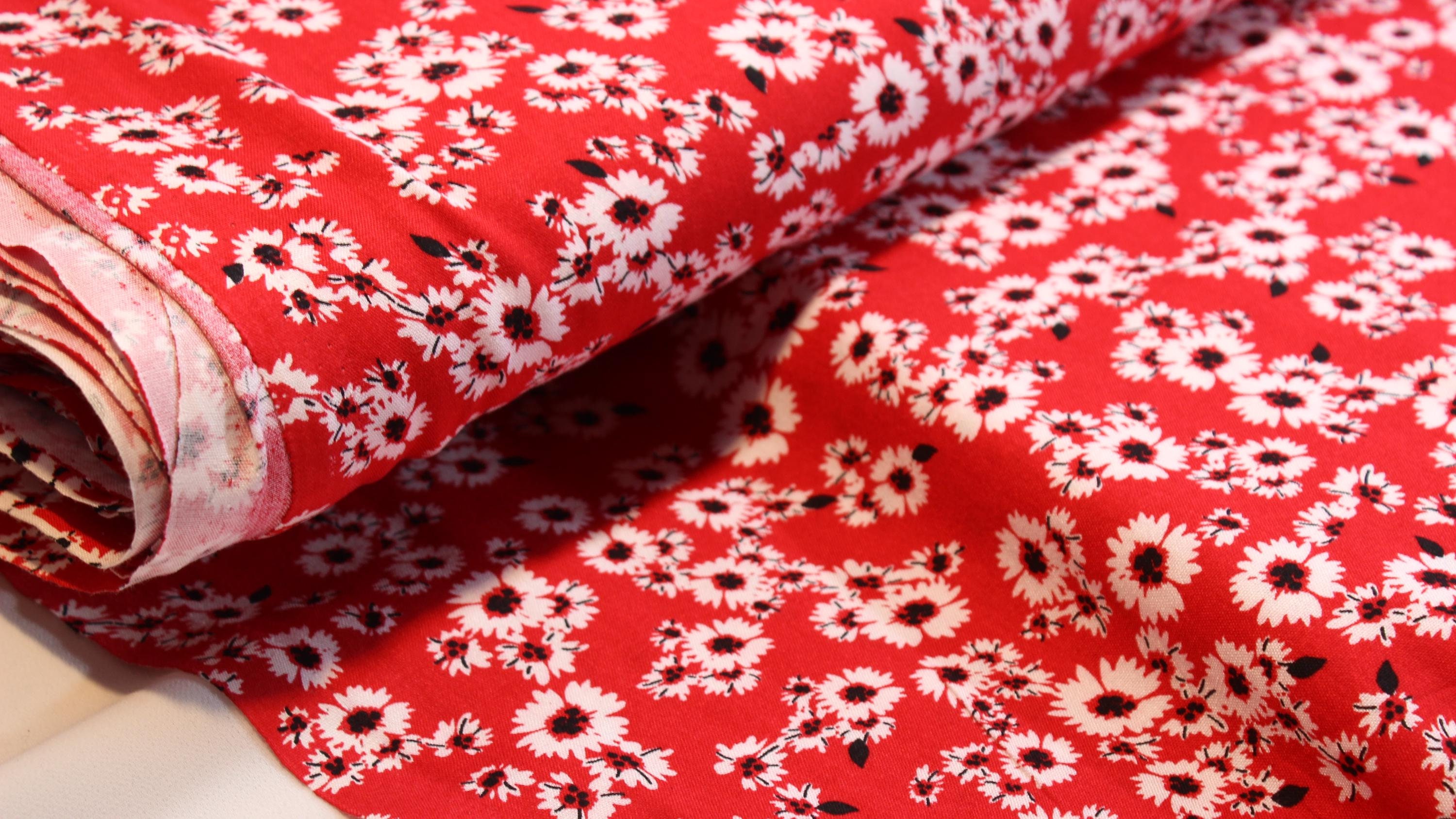 Red Floral Viscose Fabric, Soft Breathable Material, 59" Wide