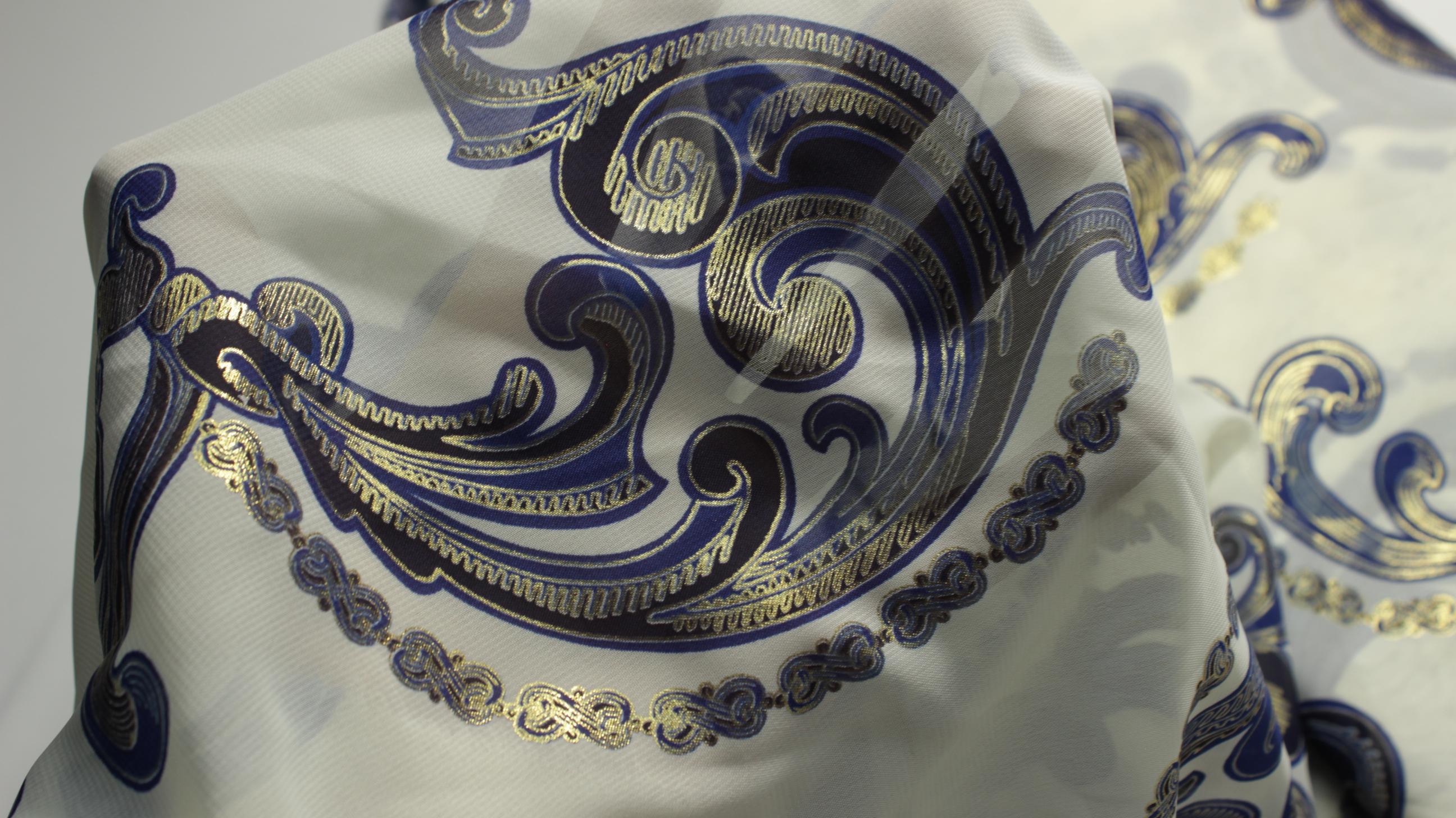Paisley Chiffon Fabric - Gold & Blue Sheer Fabric, Elegant Design