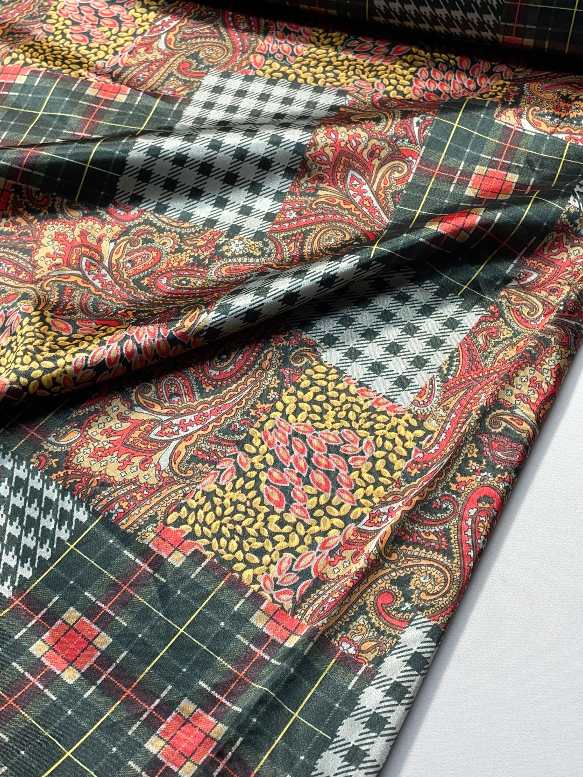 Patchwork Paisley Plaid Satin Fabric – Multicolor Fashion & Craft