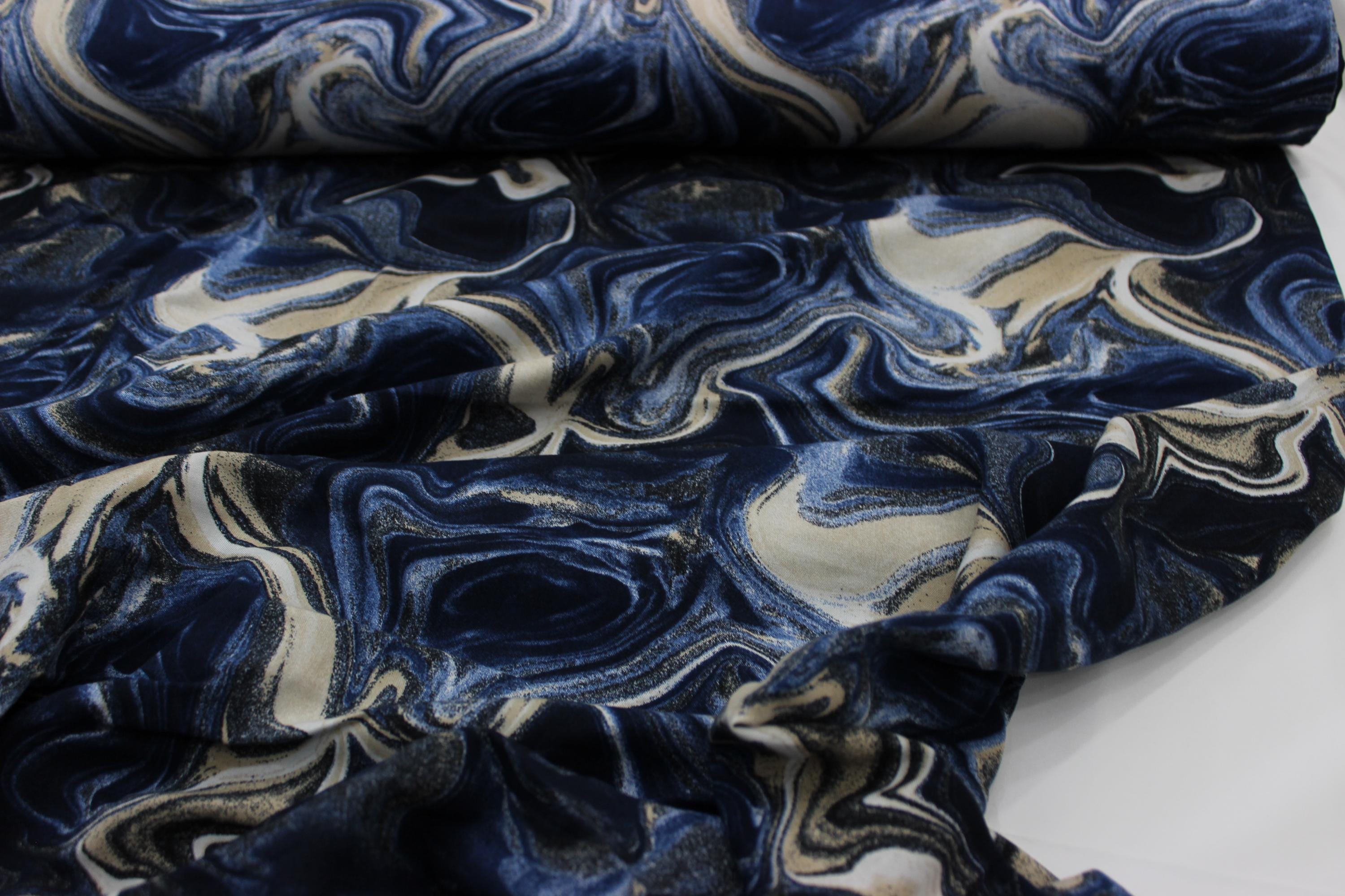 Marble Print Viscose Fabric: Blue Beige Liquid Swirl, 59" Wide %100 Natural
