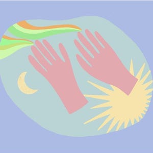 Puede incluir: Ilustración abstracta con dos manos rosas que se extienden hacia un diseño ondulado y colorido. Un sol amarillo y una luna creciente también están presentes, todo sobre un fondo azul claro.