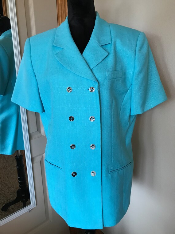 80s short-sleeved teal suit jacket women's size 1… - image 7