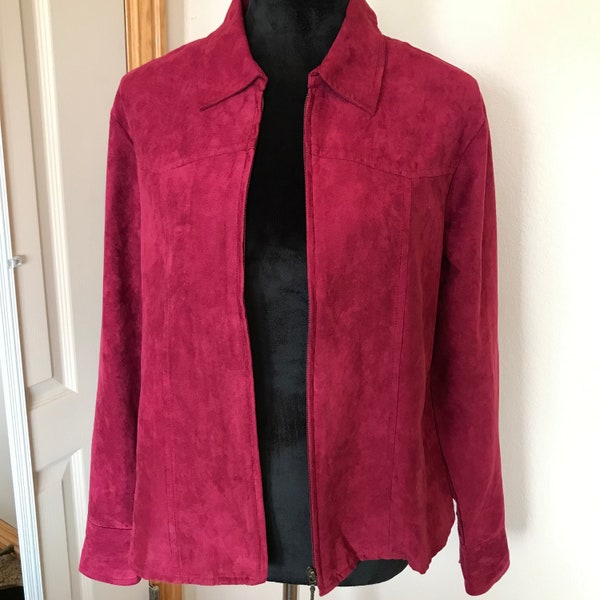 Vintage zippered front magenta shirt jacket size medium, burgundy ultrasuede zip-up bomber jacket