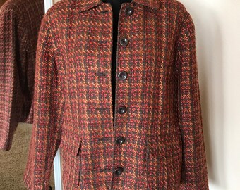 Vintage boucle jacket fall colors size XL, 90s brown and rust button-down blazer