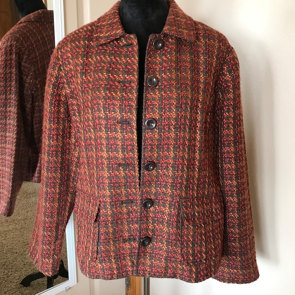 Vintage boucle jacket fall colors size XL, 90s brown and rust button-down blazer