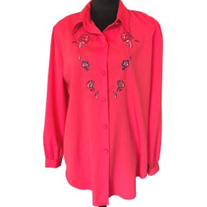 70s Coral Crepe Embroidered Blouse: Vintage Long Sleeve Tunic, Size 14 VBT