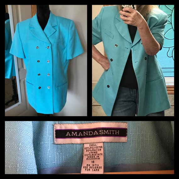80s short-sleeved teal suit jacket women's size 1… - image 1