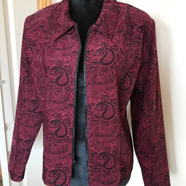 Vintage magenta paisley ultrasuede bomber jacket size 14, burgundy and black zippered front shirt jacket