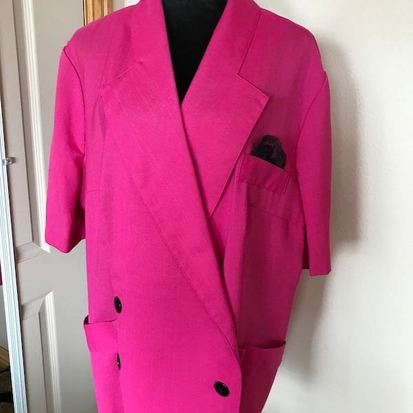 70s long hot pink blazer, women's size 24, with black lace adornment in lapel, vintage short-sleeved fuchsia suit jacket