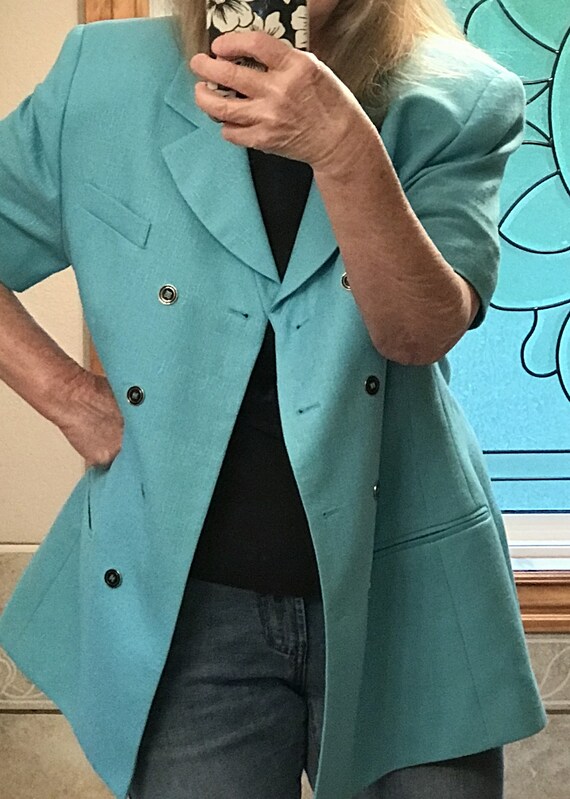 80s short-sleeved teal suit jacket women's size 1… - image 8
