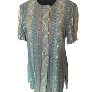 70s Asian Blouse, Size 12 Petite: Vintage Lightweight Olive Green Gold Tunic VBT