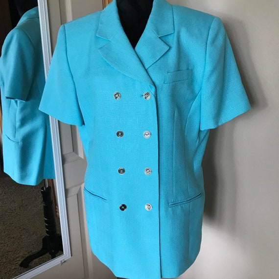 80s short-sleeved teal suit jacket women's size 1… - image 2