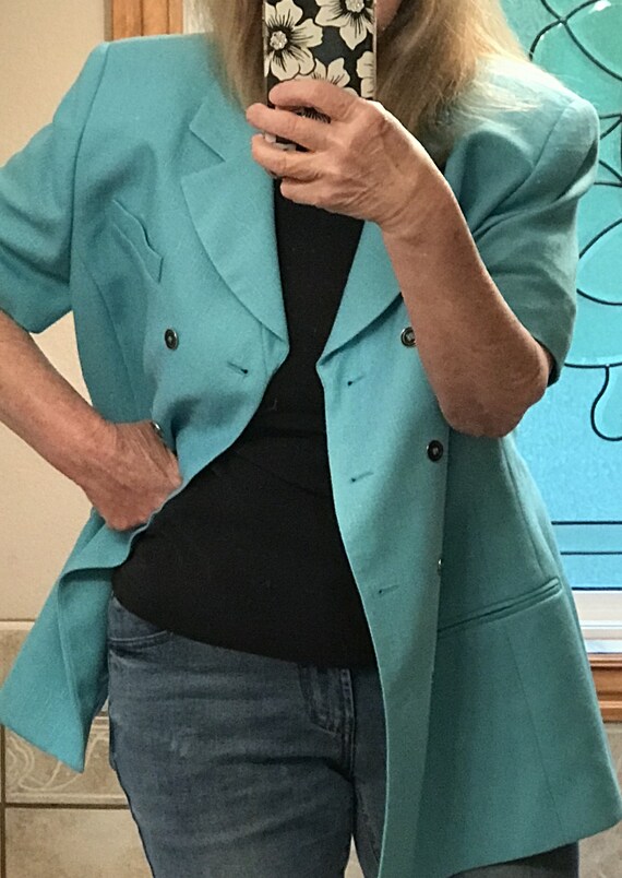 80s short-sleeved teal suit jacket women's size 1… - image 4