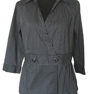 Vintage Pinstripe Shirt Jacket: Willi Smith Black Ruffle Plunge Neckline VBT