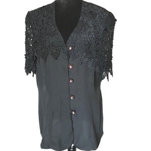 Vintage Black Tunic Blazer: Crocheted Lace Collar, Crystal Buttons VBT