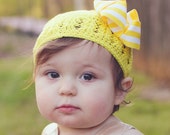 Gift for Girls Gift for Kids Claire Yellow and White Preppy Stripes Bow Attached to a Yellow Crochet Hat for Babies and Girls