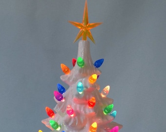 Vintage Style White Lighted Christmas Tree -11 inch - Christmas Centerpiece - Christmas Nightlight - White Ceramic Christmas tree -Gift idea